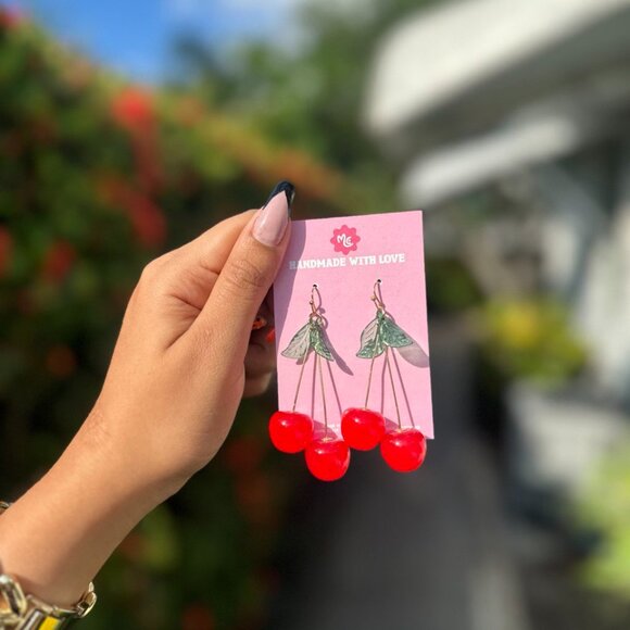 Cherry Drop Earrings | Cute Fruit Statement Jewelry - Picture 2 of 3